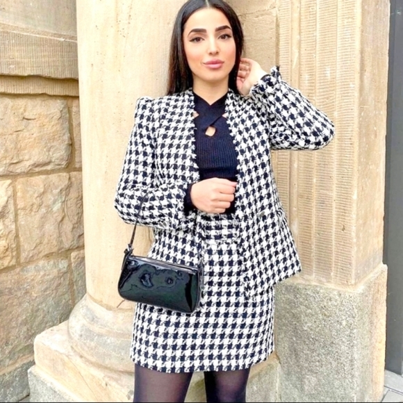 ZARA DOUBLE BREASTED TWEED FRINGE HOUNDSTOOTH BLAZER - Picture 12 of 12